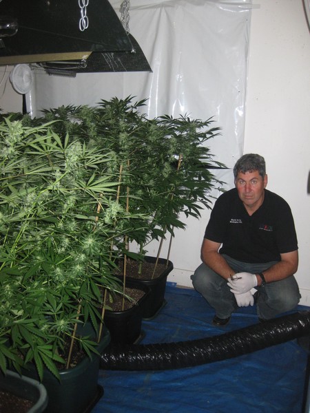 Detective Lew Warner with part of the significant indoor growing operation discovered in a house in Brookfield, Tauranga.
